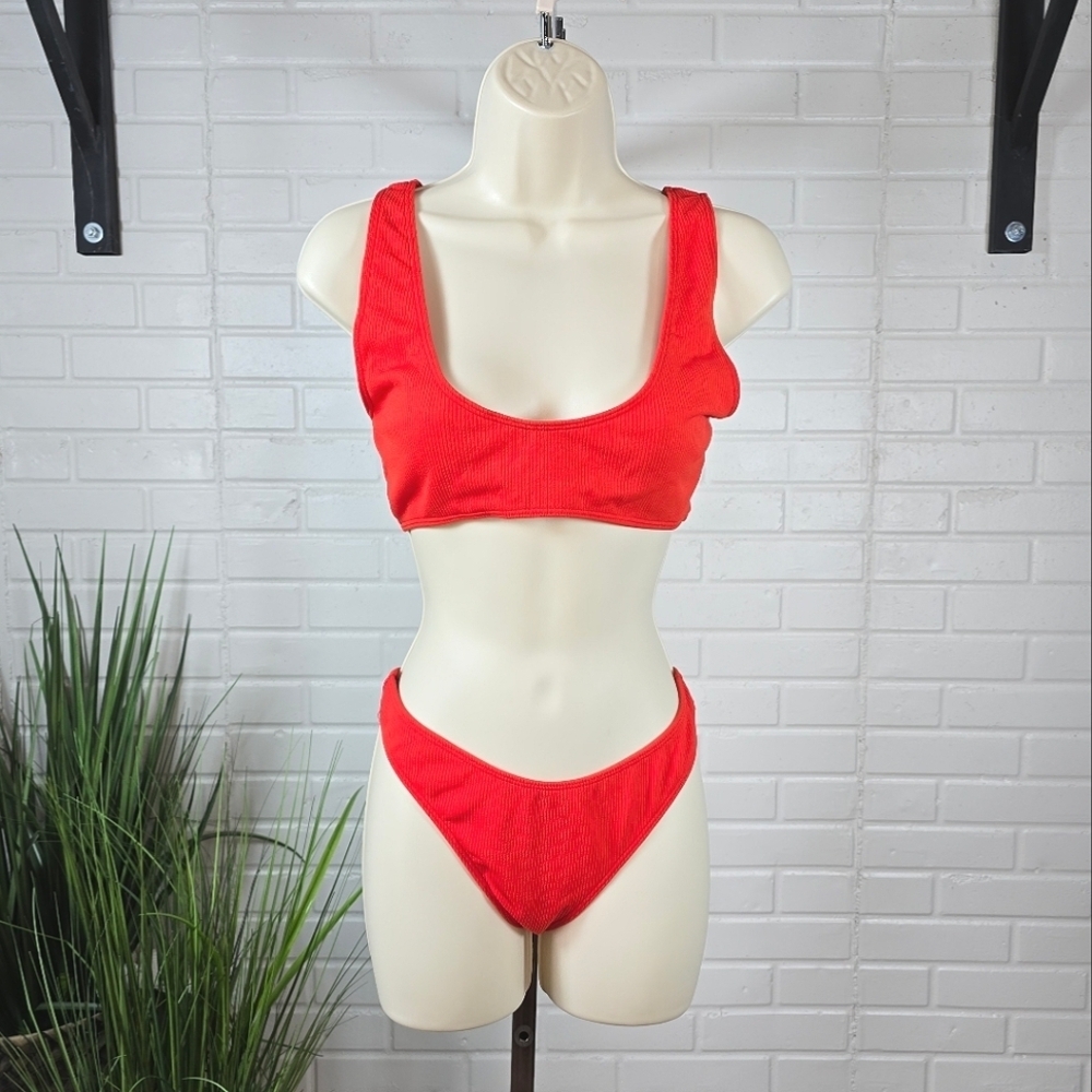 Zaful Red Ribbed Textured Cheeky Bikini Set Size Medium Large